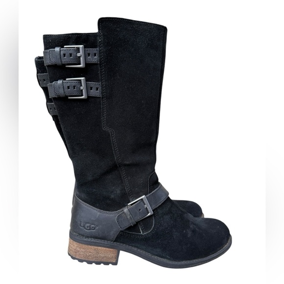 UGG Womens Black Suede Leather EVERGLAYDE Biker Buckle Zip Boots Sz 8 - Picture 2 of 15